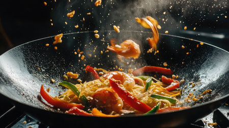 A freeze-motion shot of a wok pan tossing noodles, shrimp, and bell peppers, with dramatic lighting emphasizing the motionの素材
