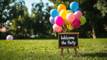 A vibrant balloon cluster in rainbow colors, placed on a grass lawn with a wooden sign saying Welcome to the Partyの素材