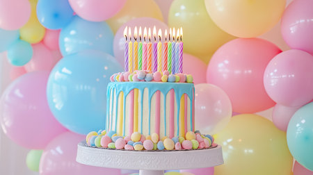 A fun, candy-covered cake topped with rainbow-colored candles, set against a backdrop of party balloons in matching huesの素材