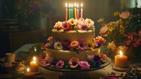 A two-tiered pastel cake adorned with edible flowers, topped with brightly colored candles glowing in a dimly lit roomの素材