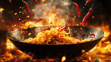 A wok pan filled with flying noodles, red chili peppers, and soy sauce splashes, with a glowing fiery backgroundの素材