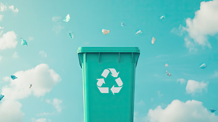 A vibrant green bin with a recycling symbol, isolated against a sky-blue background with subtle clouds for a nature-inspired themeの素材