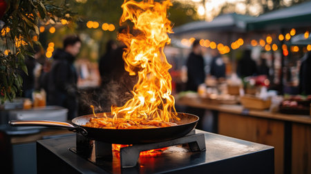 A frying pan with a fiery display of flames, set on a portable stove in the heart of a vibrant outdoor food marketの素材
