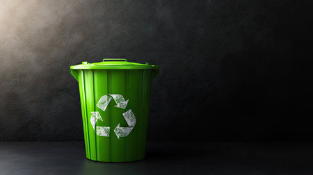 A sturdy green trash bin with recycling symbols, resting on a smooth black background with dramatic spotlightingの素材