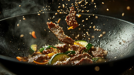 A wok pan flipping sauted beef strips, zucchini, and sesame seeds, with dynamic motion and vibrant colors frozen in mid-airの素材