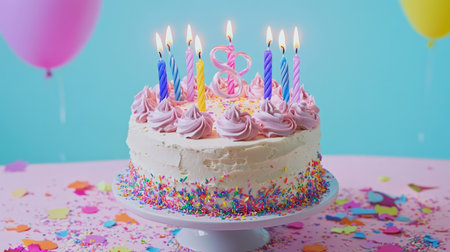 A whimsical unicorn-themed cake with multicolored frosting and spiral candles, set on a table decorated with pastel confettiの素材