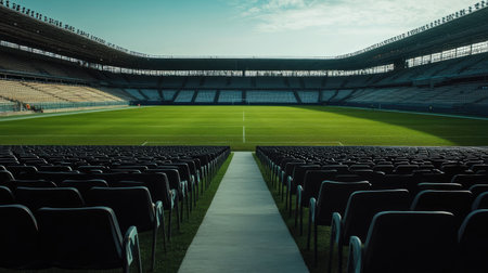A wide shot of an empty stadium, the rows of seating neatly arranged and leading to the field, with no people in sightの素材