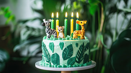 A whimsical jungle-themed cake decorated with animal toppers and leafy frosting, with vibrant green and yellow candlesの素材
