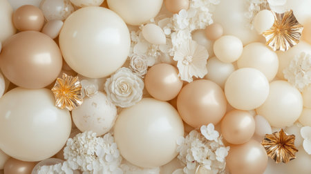 A stylish balloon wall in neutral tones of beige and cream, accented with gold foil balloons and floral elements, ready for a photoshootの素材