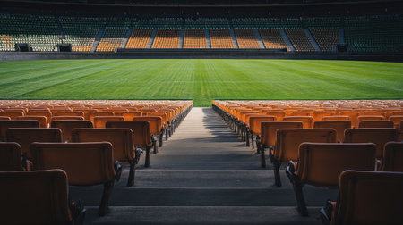 A wide shot of an empty stadium, the rows of seating neatly arranged and leading to the field, with no people in sightの素材