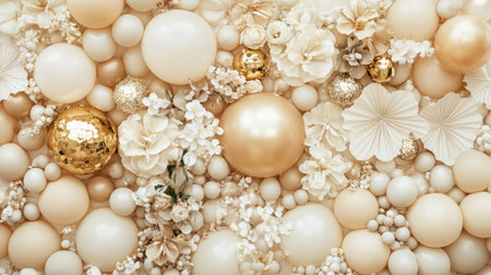A stylish balloon wall in neutral tones of beige and cream, accented with gold foil balloons and floral elements, ready for a photoshootの素材