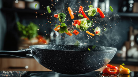 A wok pan in motion with soy sauce droplets and julienned vegetables flying above, set against a modern kitchen backdropの素材