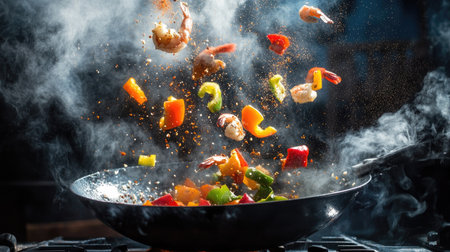 A wok pan tossing colorful bell peppers, shrimp, and spices in mid-air, surrounded by steam and glowing kitchen lightsの素材
