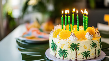 A tropical birthday cake with pineapple and coconut toppings, vibrant green candles, and matching Hawaiian-themed decorの素材