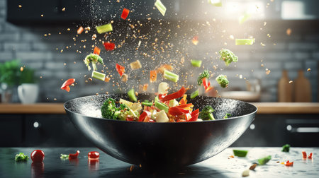 A wok pan in motion with soy sauce droplets and julienned vegetables flying above, set against a modern kitchen backdropの素材