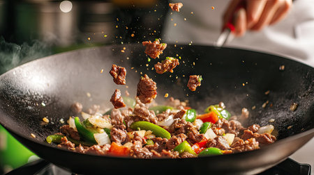 A wok pan flipping diced beef, onions, and green peppers in mid-air, with a chef's hand blurred in the backgroundの素材