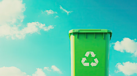 A vibrant green bin with a recycling symbol, isolated against a sky-blue background with subtle clouds for a nature-inspired themeの素材