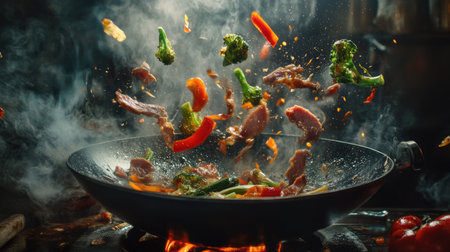 A vibrant scene of crispy vegetables and sliced beef flying in mid-air from a wok pan, with smoke and light creating a moody atmosphereの素材
