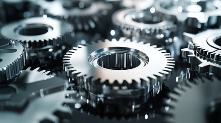 Arrangement of shiny steel cogwheels with reflections, emphasizing modern technology, precision, and industrial designの素材