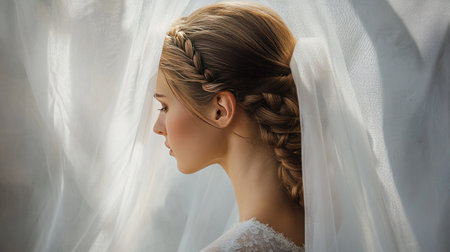 Bride's braided hairstyle elegantly tucked under a sheer veil, captured in natural light, emphasizing grace and femininityの素材