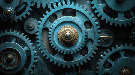 Industrial gear mechanism with large and small cogwheels meshing together, illustrating mechanical harmony and engineering powerの素材