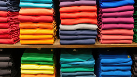 Close-up of colorful t-shirt stacks on a wooden retail shelf, highlighting textures, patterns, and neat arrangement for shopping appealの素材