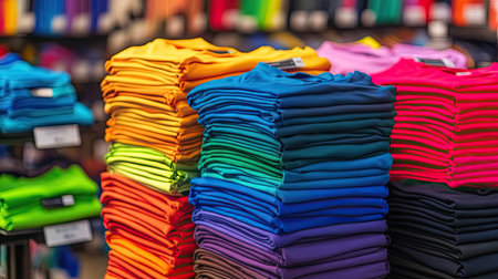 Brightly colored t-shirts stacked in piles on store display tables, emphasizing variety, retail order, and shopping aestheticsの素材