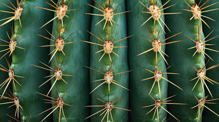 Close-up of cactus skin showing ribbed texture with deep green color and sharp spines arranged in symmetrical rows, isolated against neutral backgroundの素材