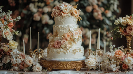 Detailed shot of ornate wedding cake surrounded by delicate flowers and gold embellishments, placed on an elegant decorated tableの素材