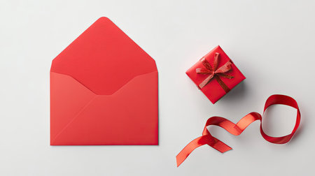Blank card mockup with red envelope partially open, small gift box tied with satin ribbon beside itの素材