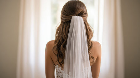 Bridal hairstyle with soft waves and a cathedral-length veil flowing down, photographed from behind in a softly lit wedding roomの素材