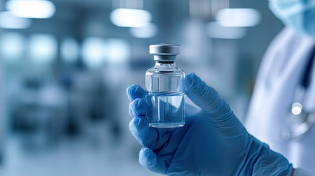 Close-up of gloved hands presenting a glass vaccine bottle, blurred clinical setting in the backgroundの素材