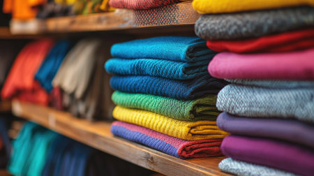Close-up of colorful t-shirt stacks on a wooden retail shelf, highlighting textures, patterns, and neat arrangement for shopping appealの素材