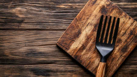 Close-up of a slotted spatula resting on a rustic wooden cutting board backgroundの素材