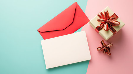 Blank paper card leaning against a red envelope, gift box with a bow placed beside, on a pastel backgroundの素材