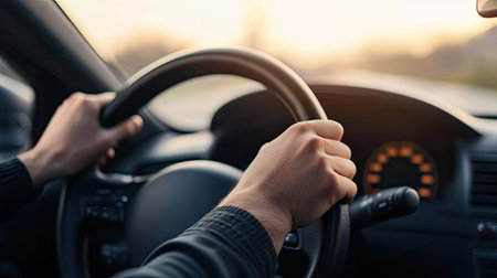 Close-up of a driver's hands firmly gripping a leather steering wheel, blurred road and dashboard in the backgroundの素材