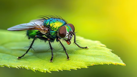 Detailed view of a green bottle fly perched on a leaf, highlighting the iridescent green body and fine hair details under natural sunlightの素材