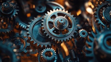 Industrial gear mechanism with large and small cogwheels meshing together, illustrating mechanical harmony and engineering powerの素材