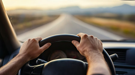 Close-up of driver's hands adjusting their grip on a steering wheel, road stretching out ahead in the distanceの素材