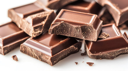 Close-up of Dubai chocolate bars broken into squares, smooth glossy surface and rich cocoa detail, isolated on a crisp white background for product displayの素材