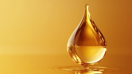 Large golden water drop with perfect spherical form and crystal-clear surface, floating on a soft gradient backgroundの素材