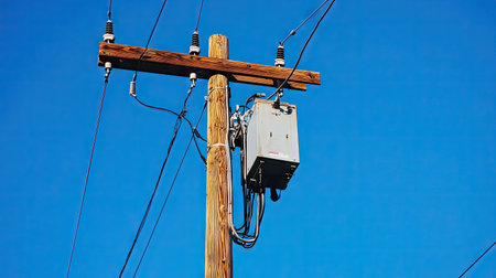 Close-up view of a wooden utility pole with a mounted electrical transformer, set against a bright blue skyの素材