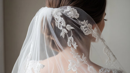 Detailed shot of veil embroidery resting gently over a sophisticated bridal bun hairstyle, emphasizing craftsmanship and beautyの素材