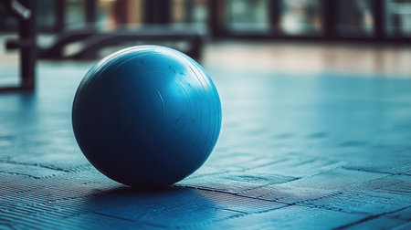 Gym ball for fitness training resting on rubber floor mats, highlighting exercise, health, and workout atmosphereの素材