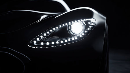 Close-up of sleek LED car headlights glowing brightly against a black background, showcasing futuristic automotive designの素材