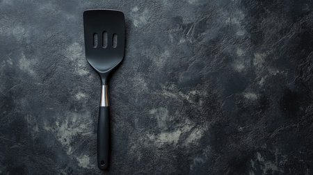 Kitchen spatula with black head and stainless steel handle placed neatly on a dark matte backgroundの素材