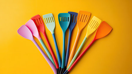 Flat lay of colorful silicone spatulas arranged in a fan shape on a bright yellow backgroundの素材