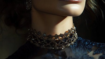 High-fashion close-up of a woman wearing an intricate choker necklace, shadows and highlights enhancing the dramatic styleの素材