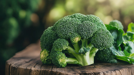 Fresh organic broccoli placed on a rustic wooden table, vibrant green color highlighted by soft natural lightの素材