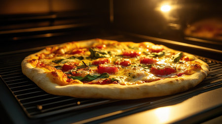 Freshly prepared pizza baking in a compact electric pizza oven, vibrant toppings and bubbling cheese under warm lightの素材